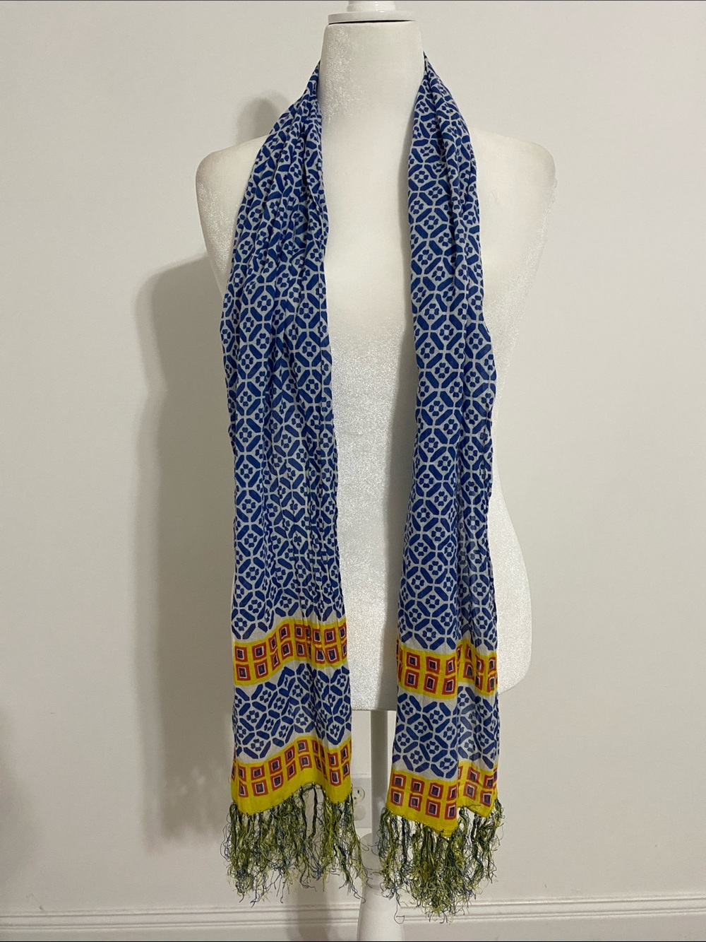 29 Palms Blue, White, Yellow Cotton Voile Scarf with Knotted Fringe